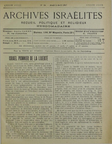 Archives israélites de France. Vol.78 N°14 (05 avr. 1917)